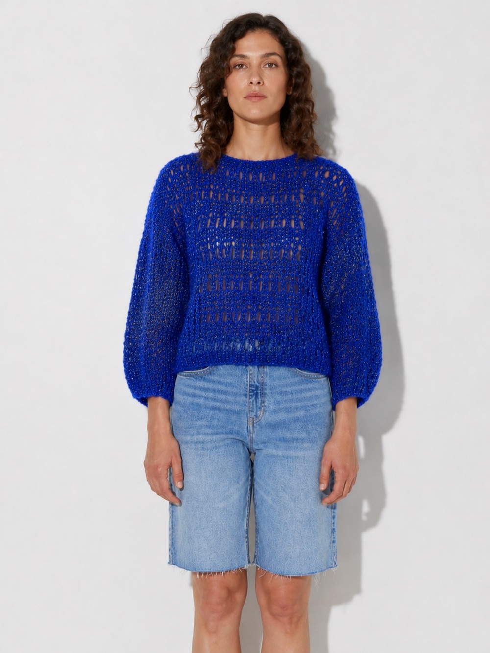 Maiami Mohair Wool Silk Open Stitch Knit Royal Blue Sweater